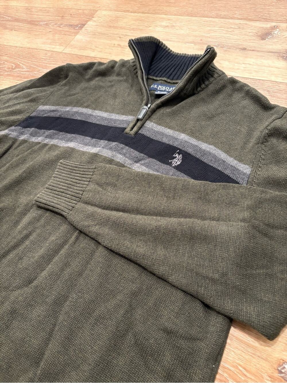 U.S. Polo Assn. Olive Quarter Zip-Neck Sweater with Navy and Gray Stripes. SizeL